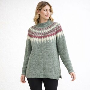 Vintage Nordic Fair Isle Wool Sweater Green Red Ivory Winter Cozy Pullover